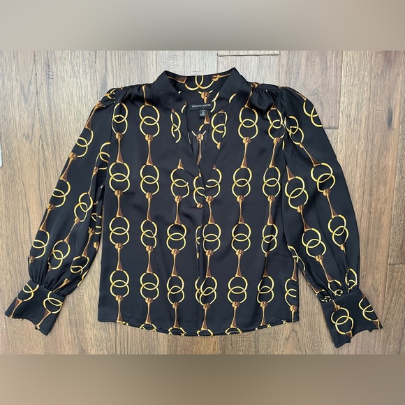 BANANA REPUBLIC Petite XS Chain Print Blouse Black Gold Long Sleeve Top - Picture 2 of 10